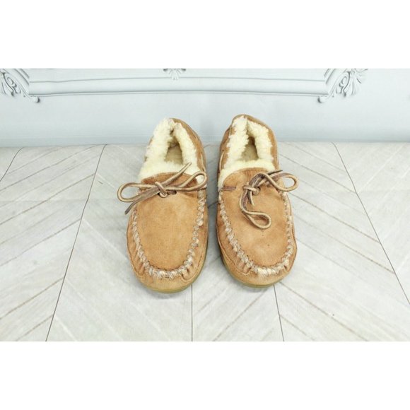LL Bean Kid's Brown Wicked Good Moccasins Suede Shearling Lined Slippers Size 1 - Picture 5 of 9
